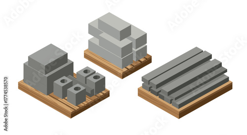 Isometric building materials: concrete blocks and beams on wooden pallets