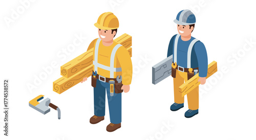 Construction workers with tools and equipment in isometric 3d style