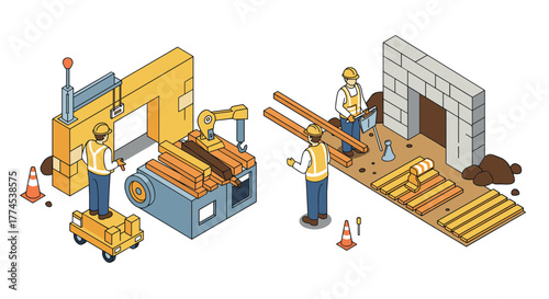 Isometric construction site with workers and machinery in action
