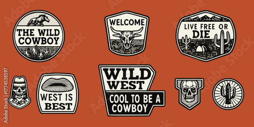 Collection of wild west cowboy themed badges and patches with skull cactus horse and mountains