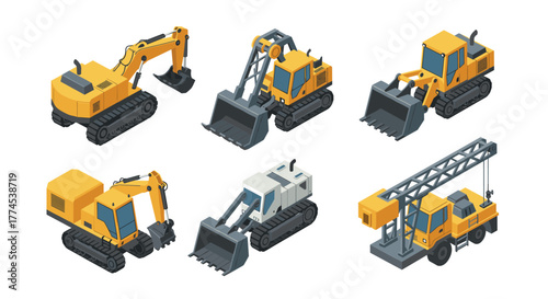 Construction equipment in isometric view featuring diggers, cranes, and loaders