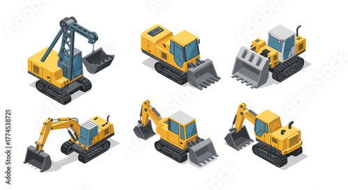 Isometric construction vehicles set featuring digger, excavator, bulldozer in yellow