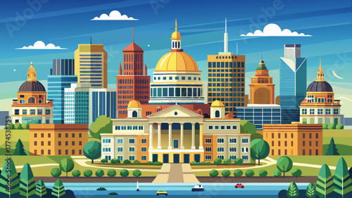 Very beautiful panoramic view of Des Moines, Iowa, USA, featuring the majestic State Capitol Building with its golden dome surrounded by city architecture under a clear blue sky.