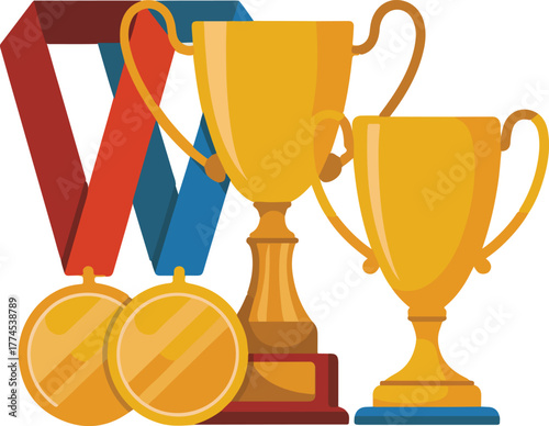 Golden trophies and medals vector illustration representing victory success and championship achievement