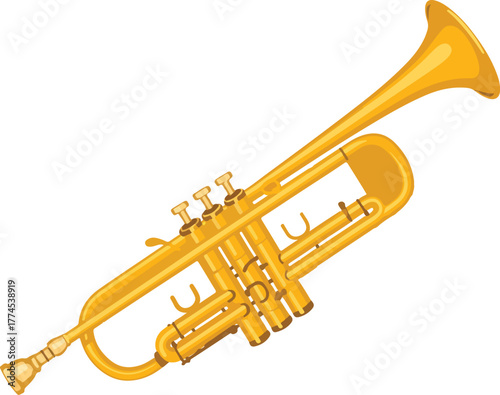 Golden trumpet vector illustration of a classic brass musical instrument for jazz band and orchestra
