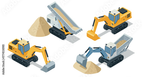 Isometric construction machines collection featuring excavators and dump trucks