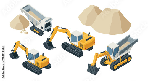 Isometric construction machinery with excavators and dump trucks