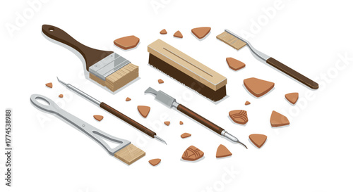 Archaeological tools with ancient pottery shards in isometric style