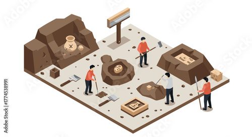 Archaeology excavation isometric scene with workers and artifacts