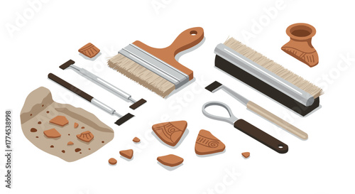 Archaeological tools and artifacts in isometric style