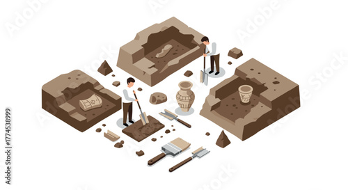 Isometric archaeological excavation scene with researchers and artifacts