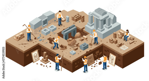 Isometric archaeological excavation site with researchers uncovering ancient ruins