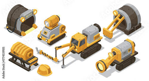 Isometric construction equipment set with machinery and tools