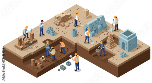 Construction workers building brick structures on excavation site in isometric view
