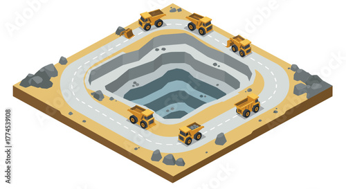 Isometric quarry with dump trucks on mining site road