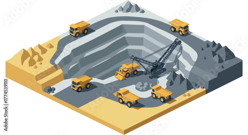 Isometric mining scene with trucks and excavator in quarry