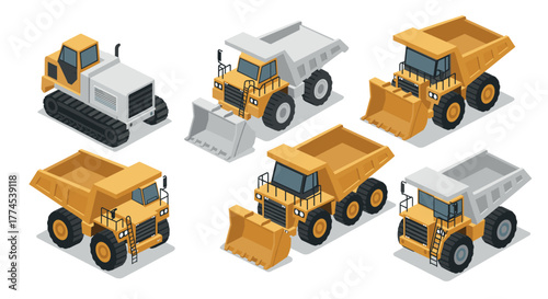 Isometric construction vehicles set: bulldozers, dump trucks, and tractors for industrial design