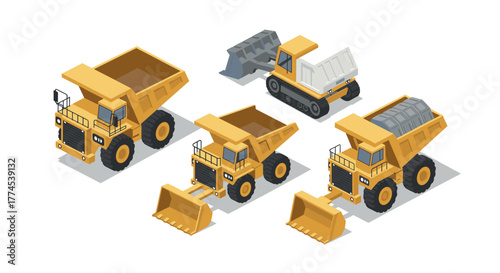 Isometric yellow construction vehicles set featuring dump trucks and bulldozers