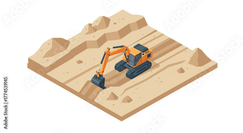 Isometric construction excavator on a sandy terrain