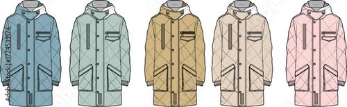 Technical fashion flat sketch of a unisex quilted hooded parka jacket. Set of five colorway variations for apparel design and manufacturing