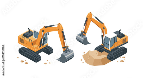 Construction equipment isometric excavators with shovel arms on white background