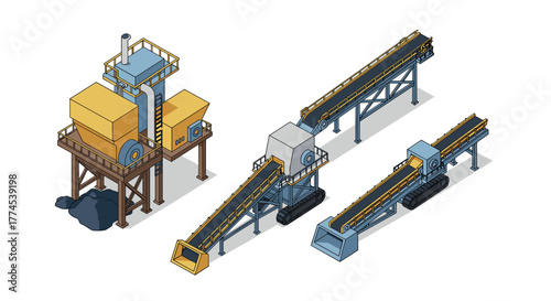 Industrial machinery with conveyor belts and processing equipment in isometric style