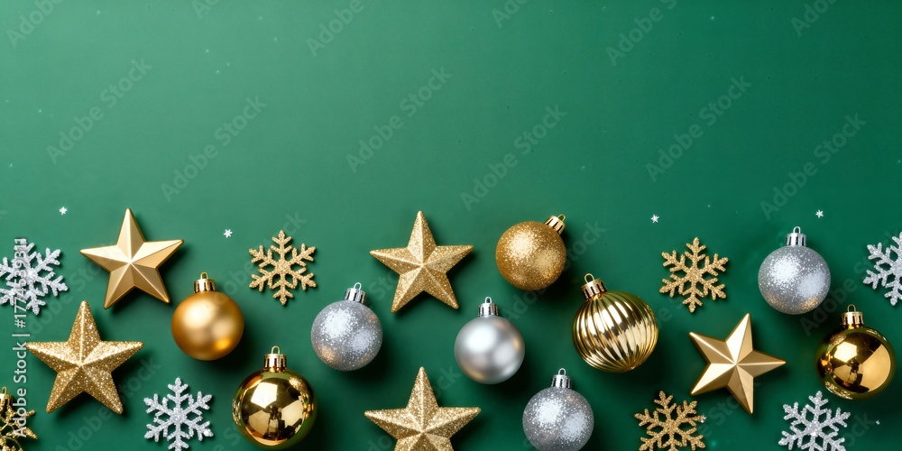 Fototapeta premium Festive Christmas Ornaments on Green Background - A Holiday Still Life.