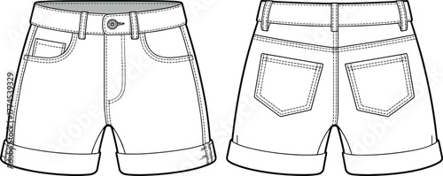 Cuffed shorts flat sketch, waistband with belt loops, button closure design, fashion CAD drawing, technical vector illustration, apparel design template