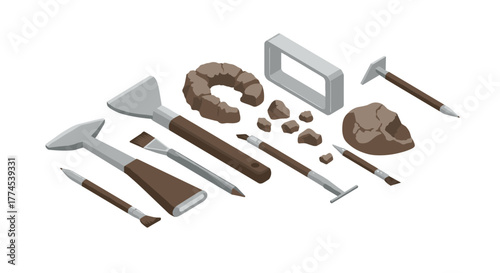 Archaeology tools and artifacts isometric set for excavation and discovery projects