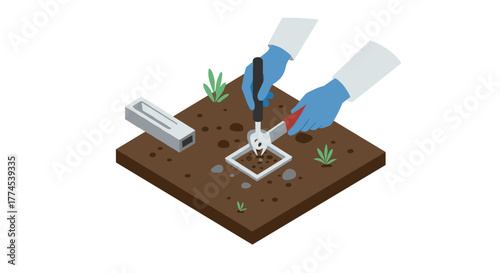 Science experiment: soil sampling in laboratory with isometric tools and greenery