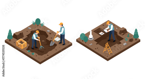 Archaeologists in isometric dig sites with excavation tools and artifacts