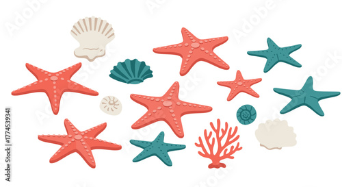 Colorful sea life: starfish and shells in a charming ocean theme