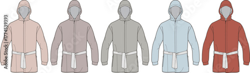Technical flat sketch of a cozy hooded zippered bathrobe design shown in a versatile color palette for loungewear collection