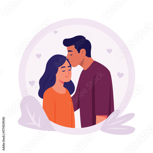Flat illustration of a man kissing woman�s forehead with love