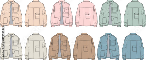 Technical fashion flats showcasing a versatile utility jacket design in a range of earthy and pastel colors for apparel production concepts