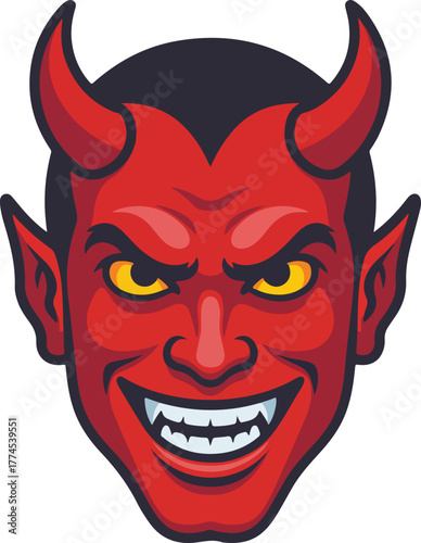 Red devil face vector icon with horns and a mischievous grin representing evil or mischief