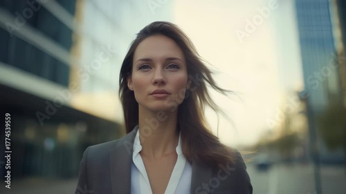 Wallpaper Mural A business woman walks confidently down the street, surrounded by tall buildings and modern architecture. The business woman embodies professionalism and determination in this urba Torontodigital.ca