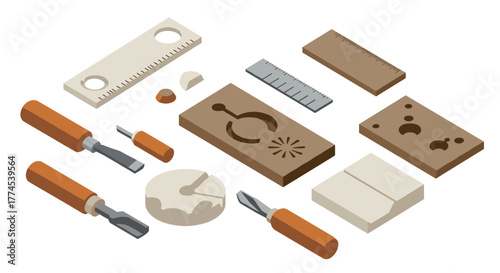 Isometric woodworking tools set with chisels and rulers for craft projects