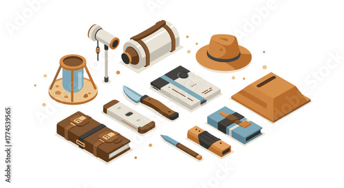 Isometric adventure gear collection with retro and vintage elements