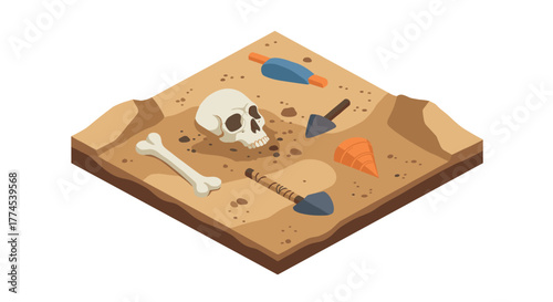 Isometric archaeological dig site with ancient artifacts and fossils