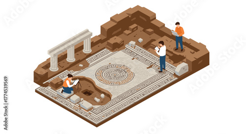 Isometric archaeological dig with mosaic and ruins exploration scene
