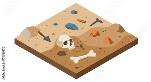 Isometric archeological dig scene with fossils and tools in desert terrain