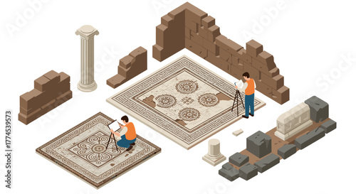 Archaeologists restore ancient mosaic in isometric 3d ruins scene