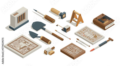 Isometric architectural tools with building plans and instruments for design