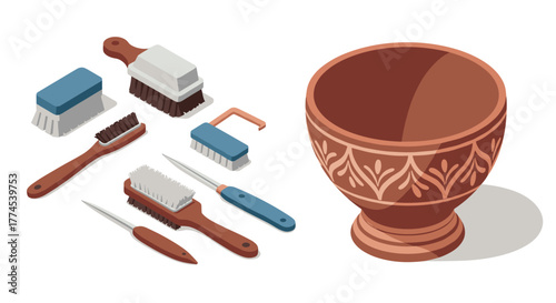 Isometric archaeological tools with decorated clay pot on white background