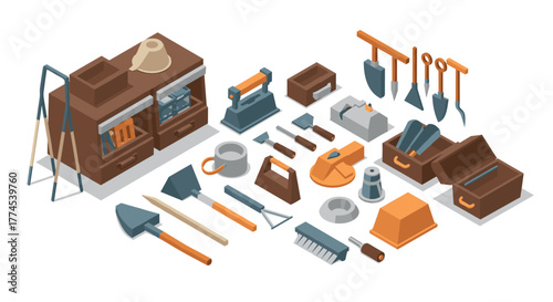 Comprehensive collection of isometric workshop tools for gardening and woodworking