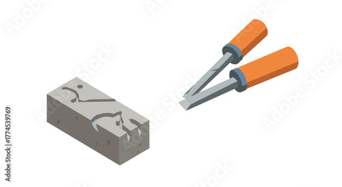 Isometric stone carving with chisels and block in simple style