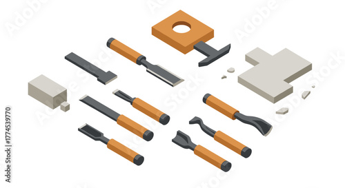Carpentry tools isometric set with chisels and wood blocks for craftsmanship