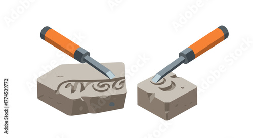 Isometric stone carving tools and patterns on marble surface