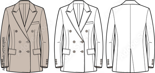 Double breasted blazer, fashion flat sketch, technical cad drawing, vector illustration, tailored jacket design, apparel template, clothing construction, garment outline